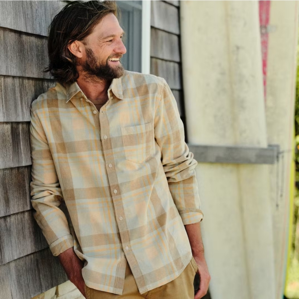Wellen Organic Corduroy Button Down Shirt in Sunset Plaid
